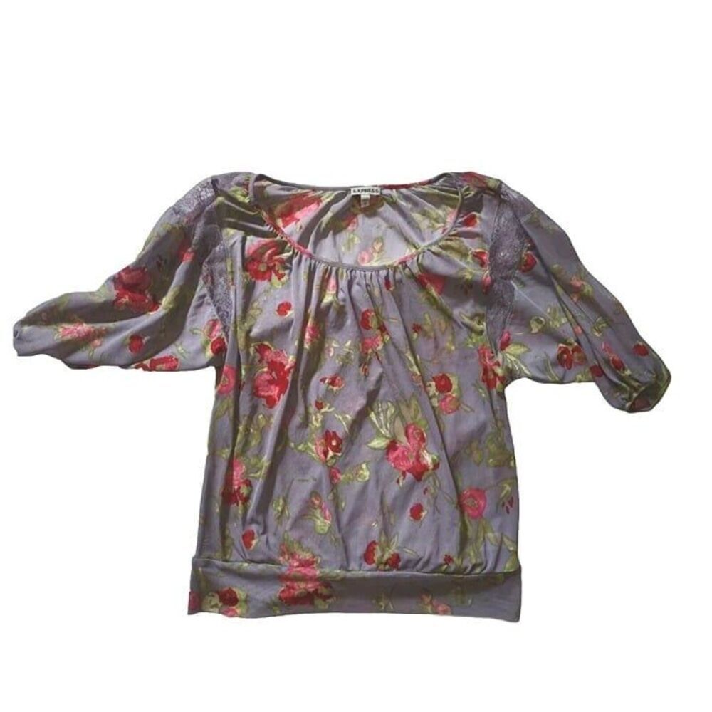 Sz Med Express Sheer & Lace Mesh Top Floral Puff Sleeves Pinks Purple